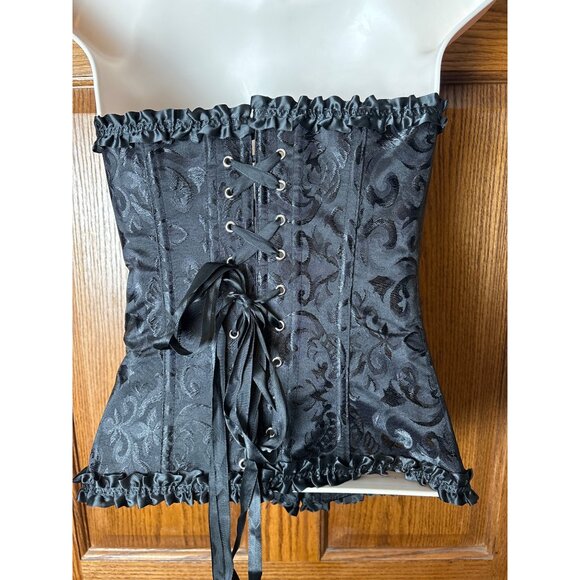 Vintage Pin Up Black Jacquard Floral Lace Up Boned Frilly Corset Bustier Top S - Picture 5 of 10